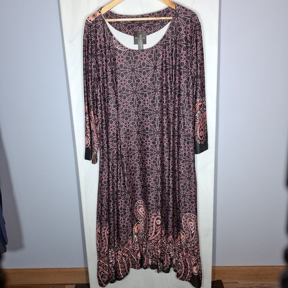 Reborn 3XL ALine Asymmetrical Maxi Dress Pockets Black Purple Boho Stretch Artsy
